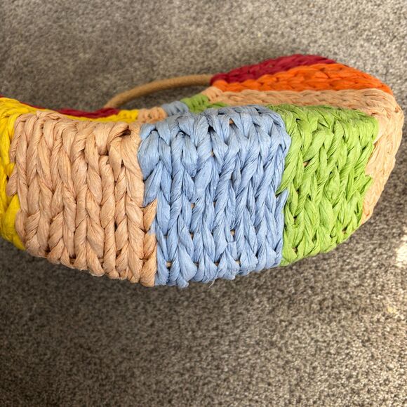 Vibrant Colorful Retro Semi-Circle Rattan Straw Bag 16"W x 13" H x 8" D - Picture 5 of 5